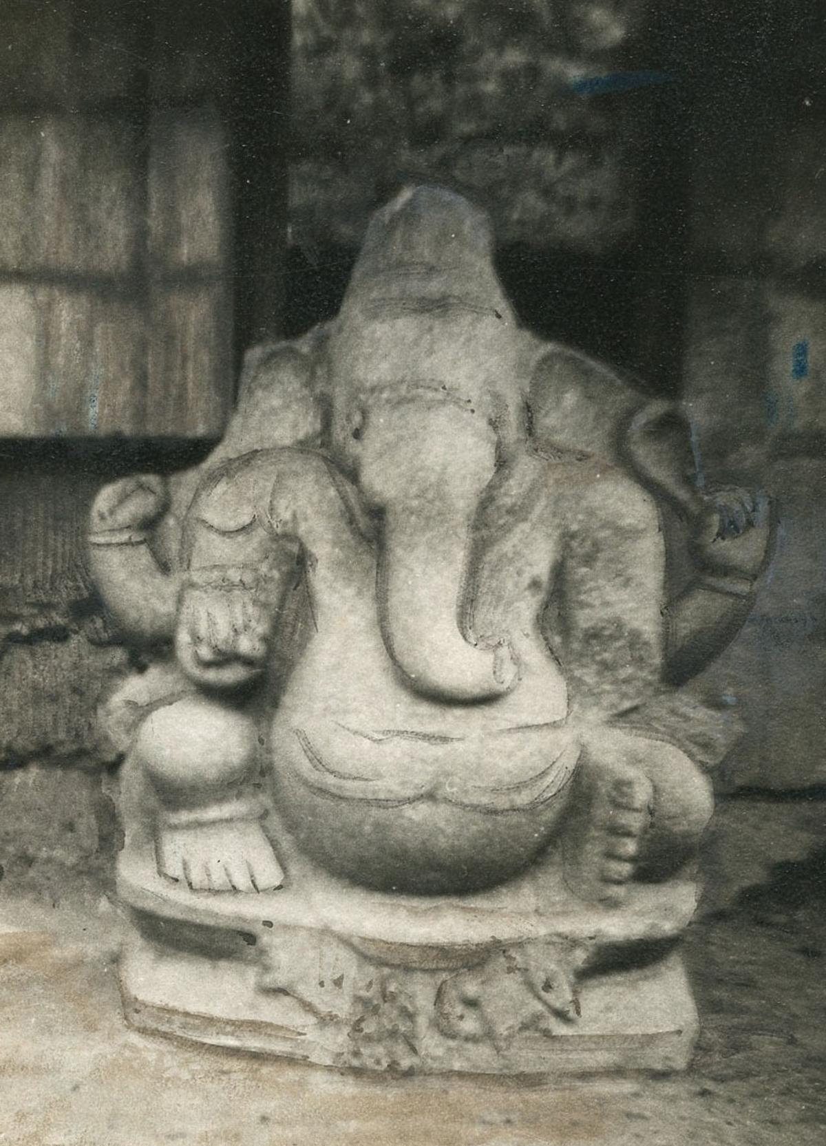 This 1971 picture shows a Vinayaka sculpture placed inside a Shiva temple at Tharuvai, located  between Tirunelveli and Ambasamudram. 