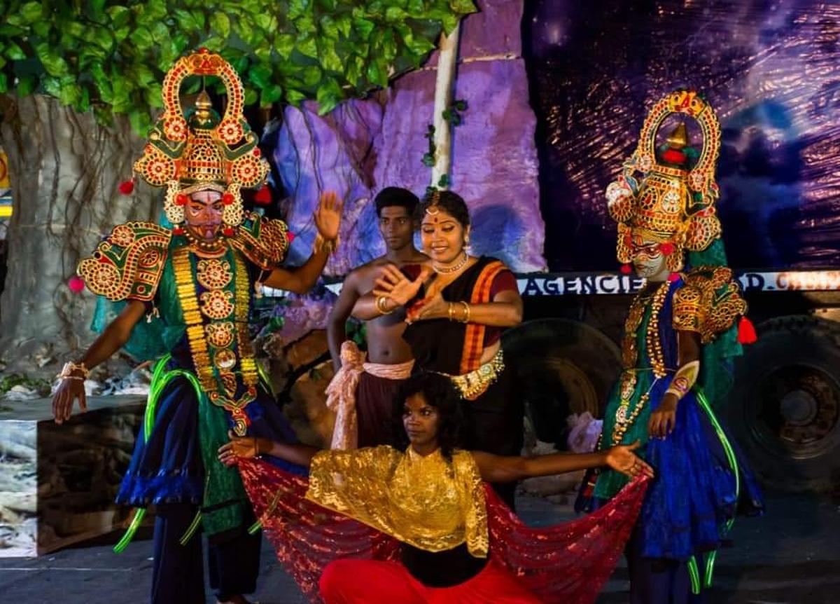 Sangeeta (in black sari) and Thilagavathi Palani (seated in front) at performance using Kattaikkuttu and Bharatanatyam  