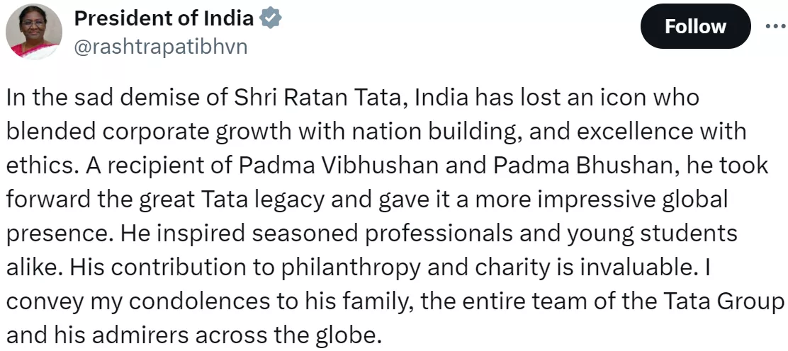 Prime Minister of India, Narendra Modi and India's President, Droupadi Murmu react to Ratan Tata's death