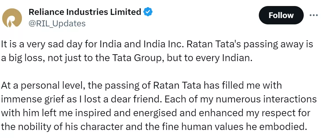 Indian bilionaires, Mukesh Ambani, Gautam Adani, Anand Mahindra, and Harsh Goenka reacts to Ratan Tata's demise