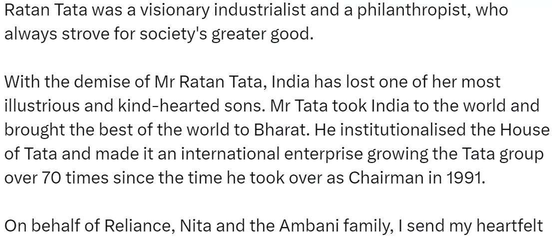 Indian bilionaires, Mukesh Ambani, Gautam Adani, Anand Mahindra, and Harsh Goenka reacts to Ratan Tata's demise