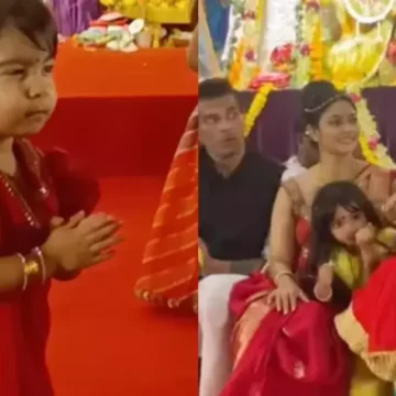 Bipasha Basu’s Daughter Devi Steals Limelight With ‘Namaskar’ At Durga Puja Pandal, Stuns In Lehenga