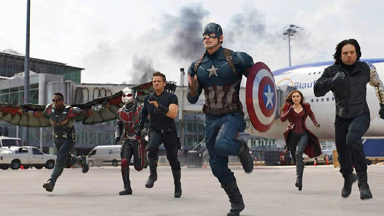 (L to R) Anthony Mackie, Paul Rudd, Jeremy Renner, Chris Evans, Elizabeth Olsen and Sebastian Stan in 'Captain America: Civil War.' Photo: Marvel Studios.