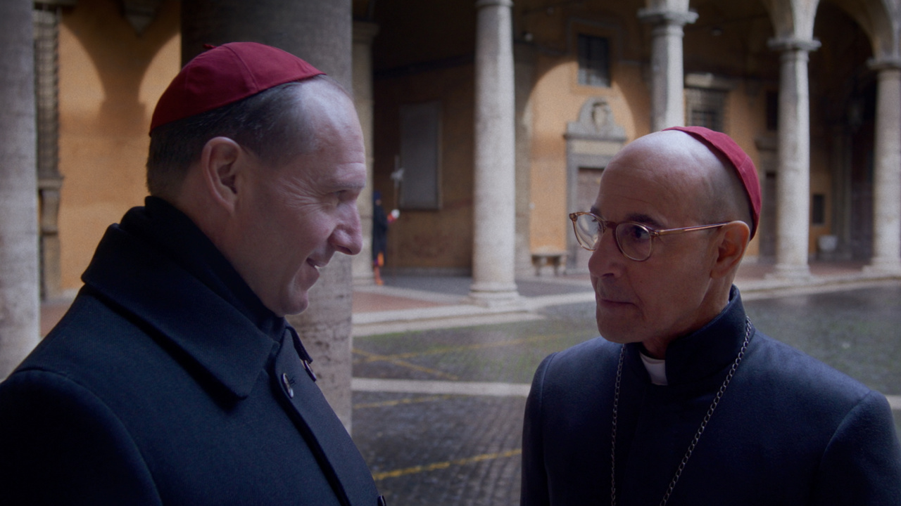 (L to R) Ralph Fiennes as Cardinal Lawrence and Stanley Tucci as Cardinal Bellini in director Edward Berger's 'Conclave', a Focus Features release. Credit: Courtesy of Focus Features. © 2024 All Rights Reserved.