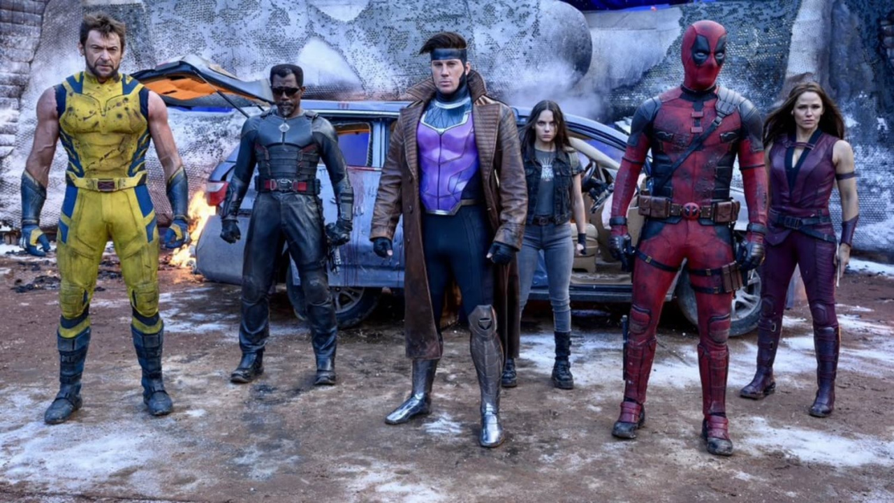 (L to R) Hugh Jackman, Wesley Snipes, Channing Tatum, Dafne Keen, Ryan Reynolds and Jennifer Garner in 'Deadpool & Wolverine'. Photo: Marvel Studios.