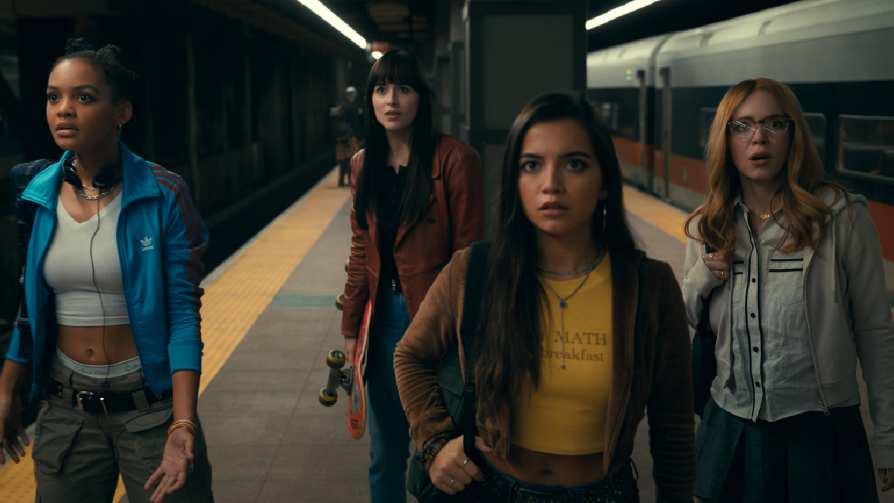 (L to R) Mattie Franklin (Celeste O’Connor), Cassandra Webb (Dakota Johnson), Anya Corazon (Isabela Merced), and Julia Cornwall (Sydney Sweeney) in Columbia Pictures’ 'Madame Web.' Photo: Sony Pictures. © 2024 CTMG, Inc. All Rights Reserved.