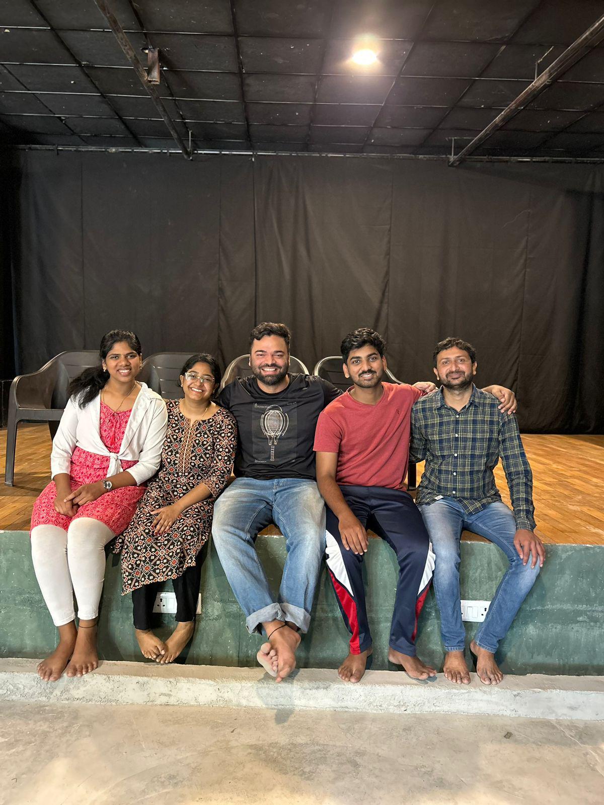 Jay Jha (black tee) with participants of a theatre workshop