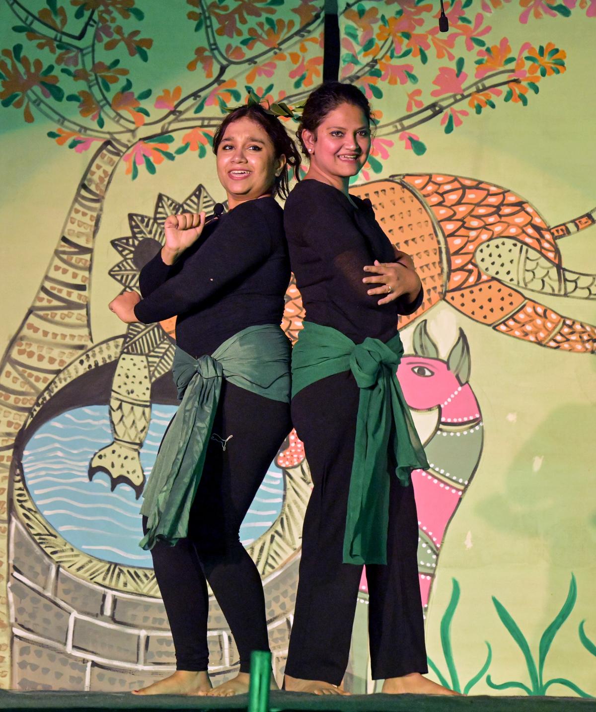 Members of Swatantra Theatre group performing Panchatantra Tales at the inaugural day of the Vizag Junior Literary Fest at Hawa Mahal in Visakhapatnam.