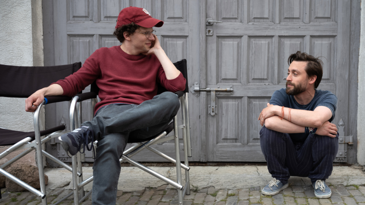 (L to R) Jesse Eisenberg and Kieran Culkin on the set of 'A Real Pain'. Photo by Agata Grzybowska, Courtesy of Searchlight Pictures, © 2024 Searchlight Pictures All Rights Reserved.