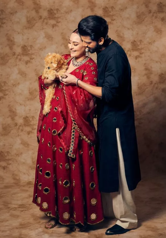 Sonakshi with husband and puppy