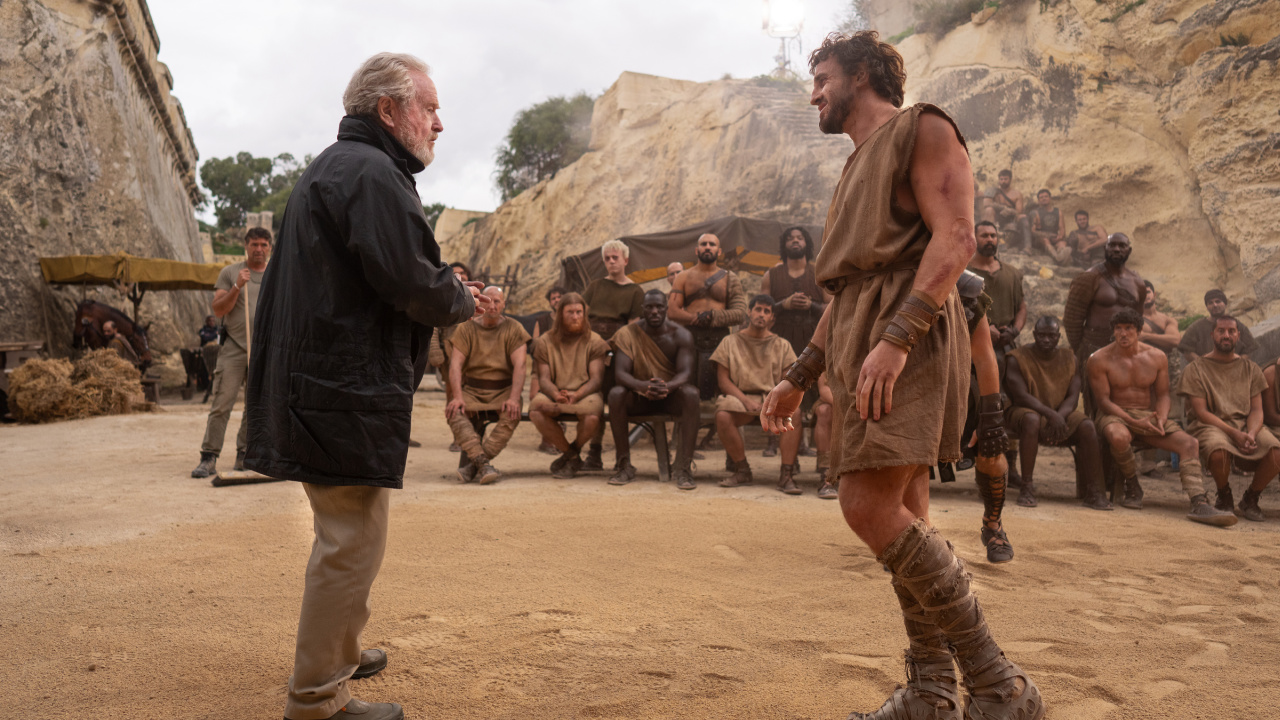 Director Ridley Scott and Paul Mescal on the set of 'Gladiator II' from Paramount Pictures.