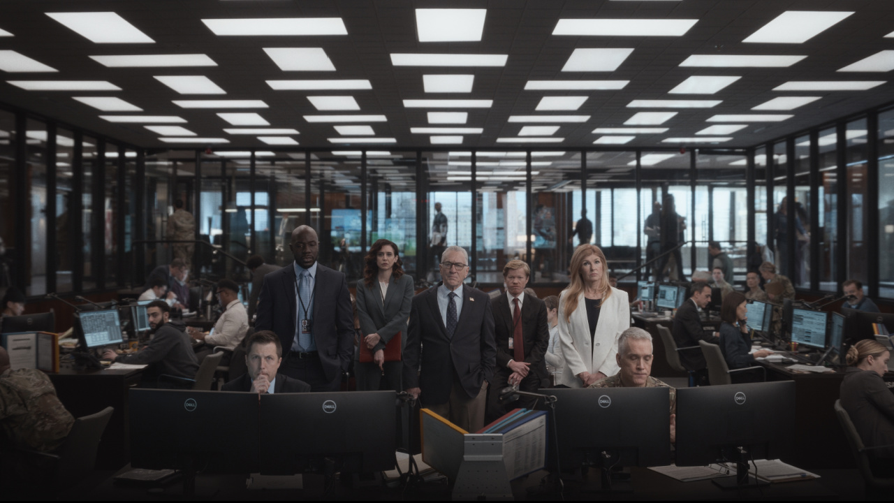 (L to R) McKinley Belcher III as Carl Otieno, Mozhan Navabi as Melissa Kornblau, Robert De Niro as George Mullen, Jesse Plemons as Roger Carlson and Connie Britton as Valerie Whitesell in 'Zero Day'. Photo: Courtesy of Jojo Whilden/Netflix © 2024.