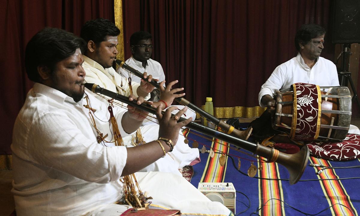 S. Sanmugasundaram and S. Sethuraman during a concert in Chennai in 2018. 