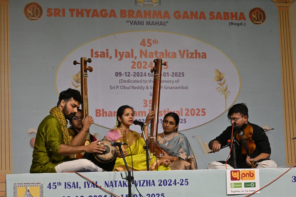 K. Gayatri with Sayee Rakshith on the violin and Sumesh Narayanan on the mridangam. 