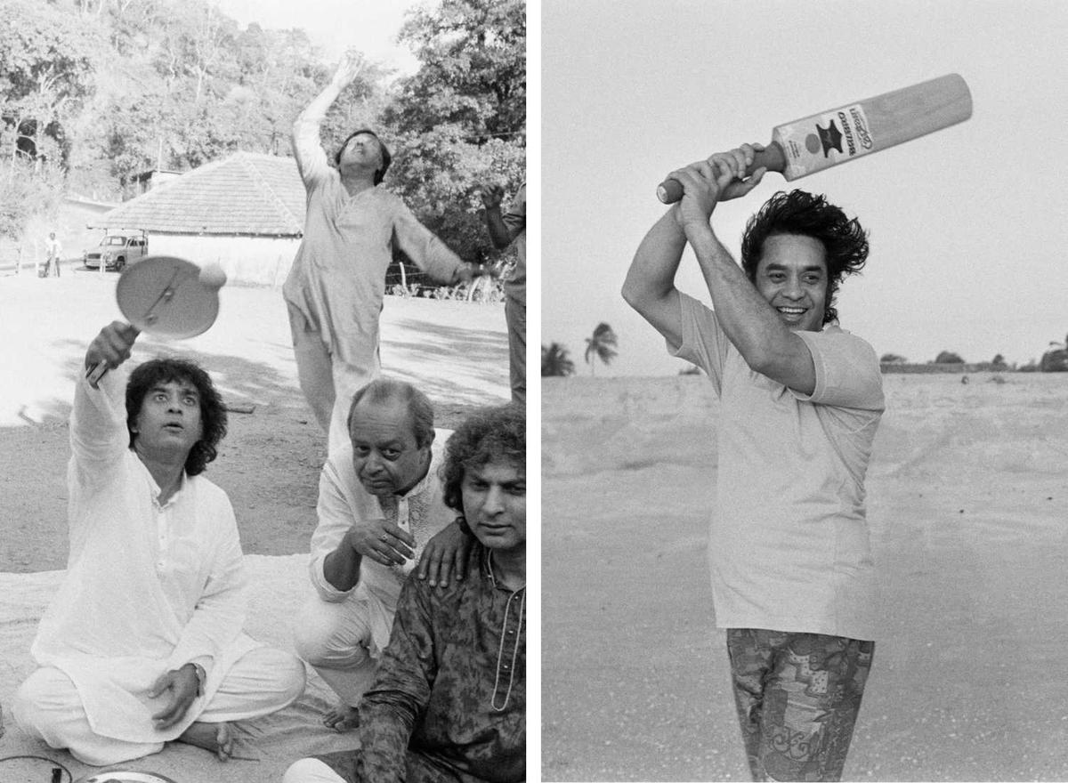 While travelling on the musicians’ bus, we would often stop and have a picnic. Here Zakir is batting with the lid of a pressure cooker. Anand Gopal is fielding and Shivkumar Sharma is sitting to the right; (right) Zakir loved to play cricket and here he is in Goa, trying to get all the musicians to play with him.