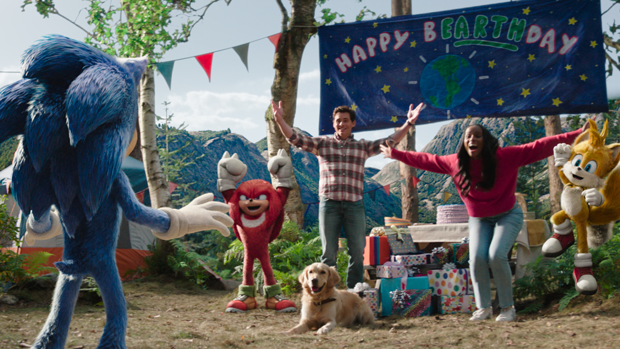 (L to R) Sonic (Ben Schwartz), Knuckles (Idris Elba), Tails (Colleen O'Shaughnessey, James Marsden as Tom and Tika Sumpter as Maddie in 'Sonic the Hedgehog 3' from Paramount Pictures and Sega of America, Inc.