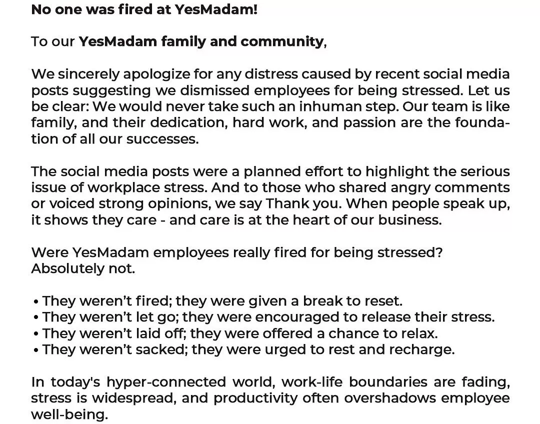 Yes Madam issues a clarification on the viral email suggesting they fired over 100 employees for being stressed at work