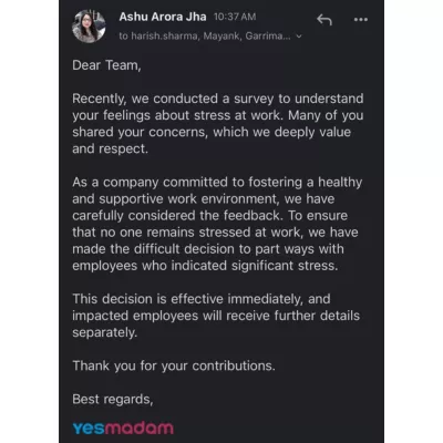 Yes Madam issues a clarification on the viral email suggesting they fired over 100 employees for being stressed at work