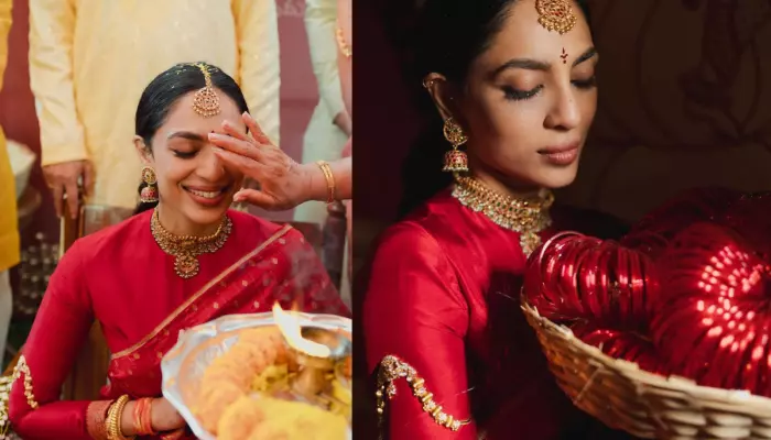 Sobhita Dhulipala Stuns In A Red Buti Silk Saree With Matching Jewellery For Her 'Pelli Kuthuru'