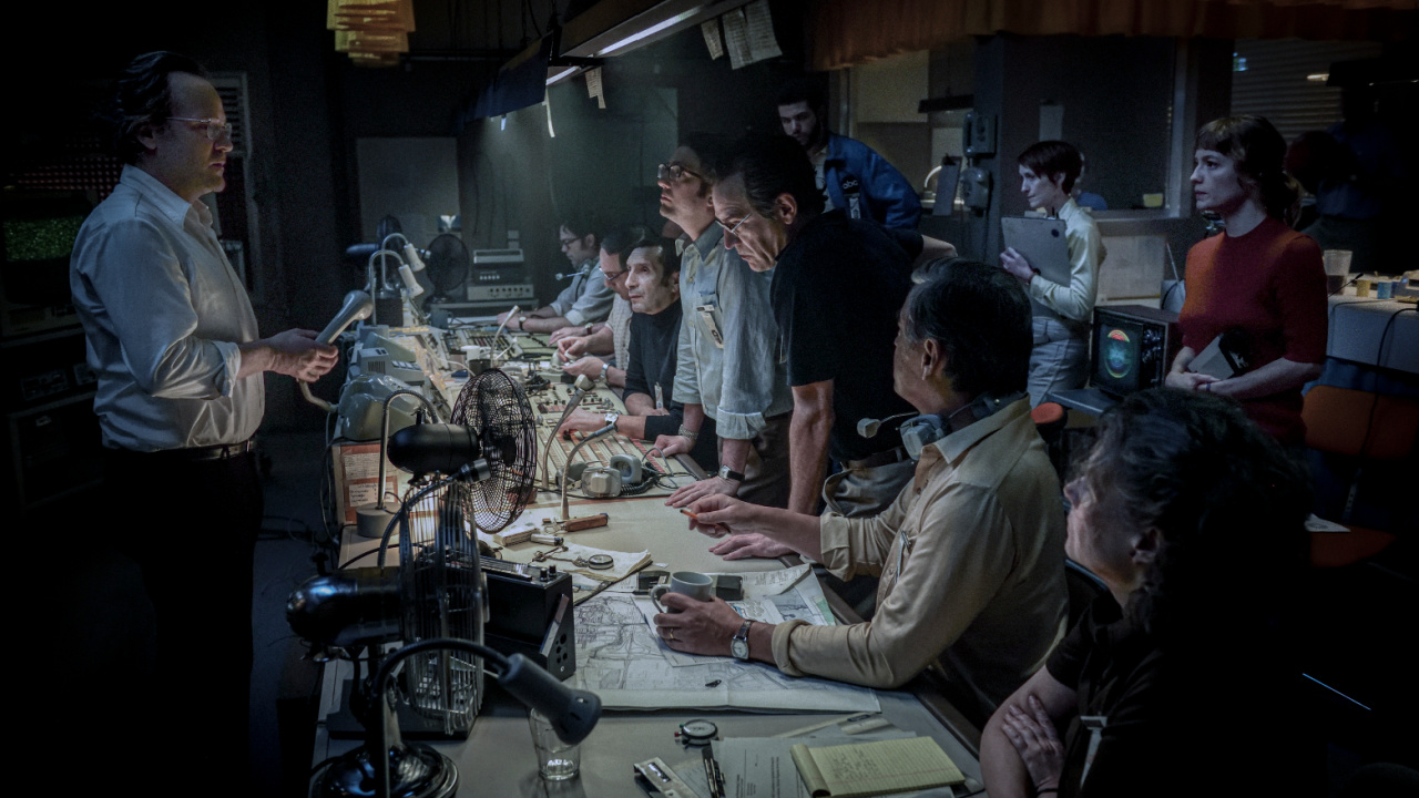 (L to R) Roone Arledge (Peter Sarsgaard), Hank Hanson (Corey Johnson), Jacques Lesgardes (Zinedine Soualem), Geoff Mason (John Magaro), Carter (Marcus Rutherford), Gladys Deist (Georgina Rich), Marvin Bader (Ben Chaplin), Marianne Gebhard (Leonie Benesch) star in Paramount Pictures’ 'September 5' the film that unveils the decisive moment that forever changed media coverage and continues to impact live news today, set during the 1972 Munich Summer Olympics. Photo: Paramount Pictures.