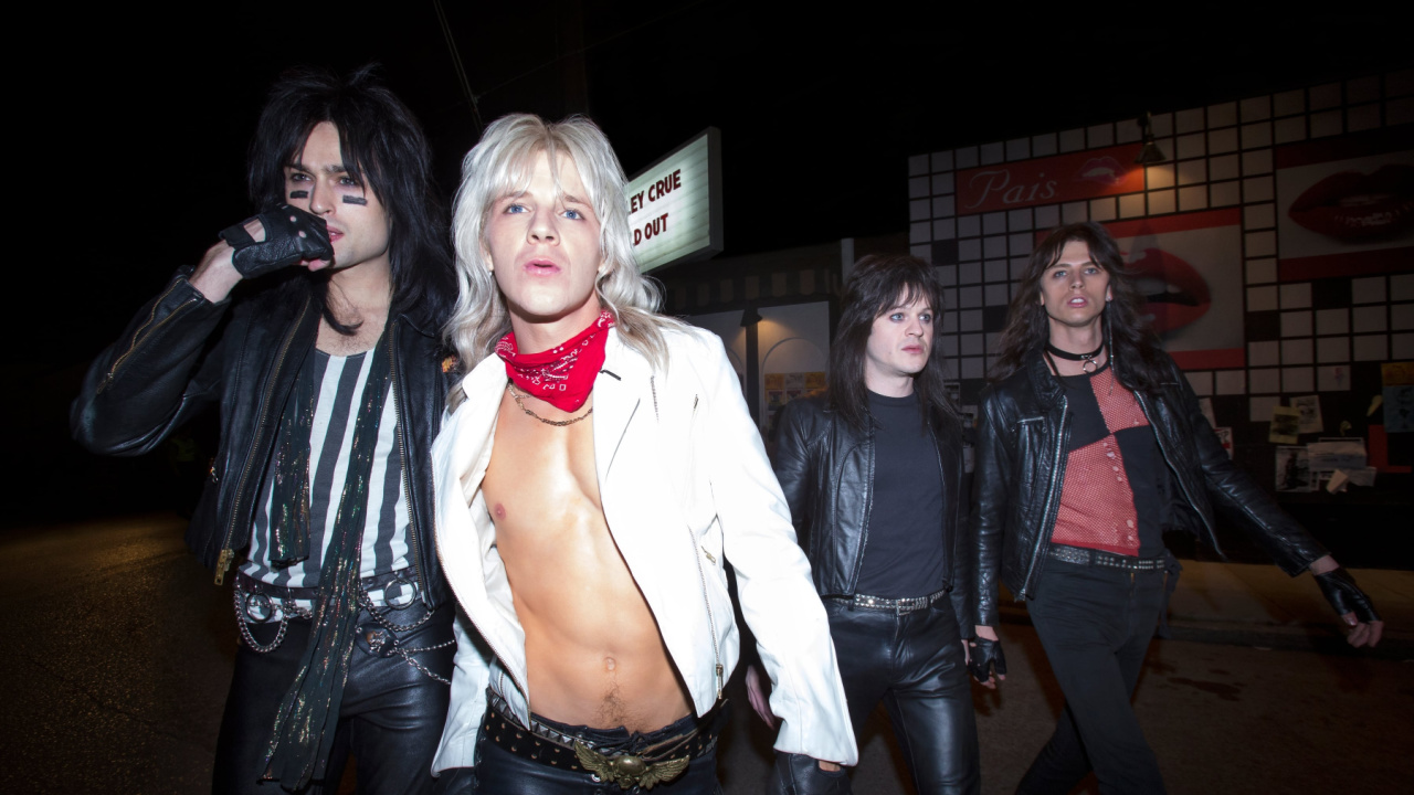 (L to R) Douglas Booth, Colson Baker, Daniel Webber and Iwan Rheon as Mötley Crüe in 'The Dirt'. Photo: Netflix.