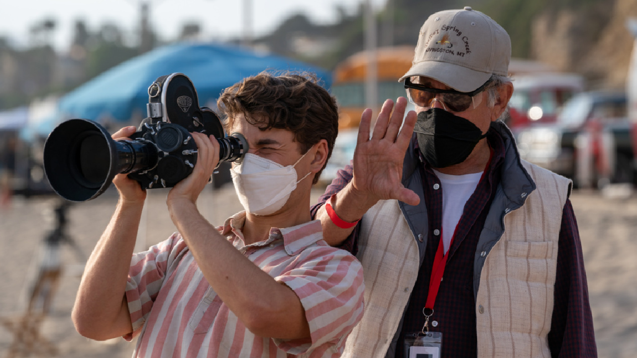 (L to R) Gabriel LaBelle and co-writer/producer/director Steven Spielberg on the set of 'The Fabelmans.'