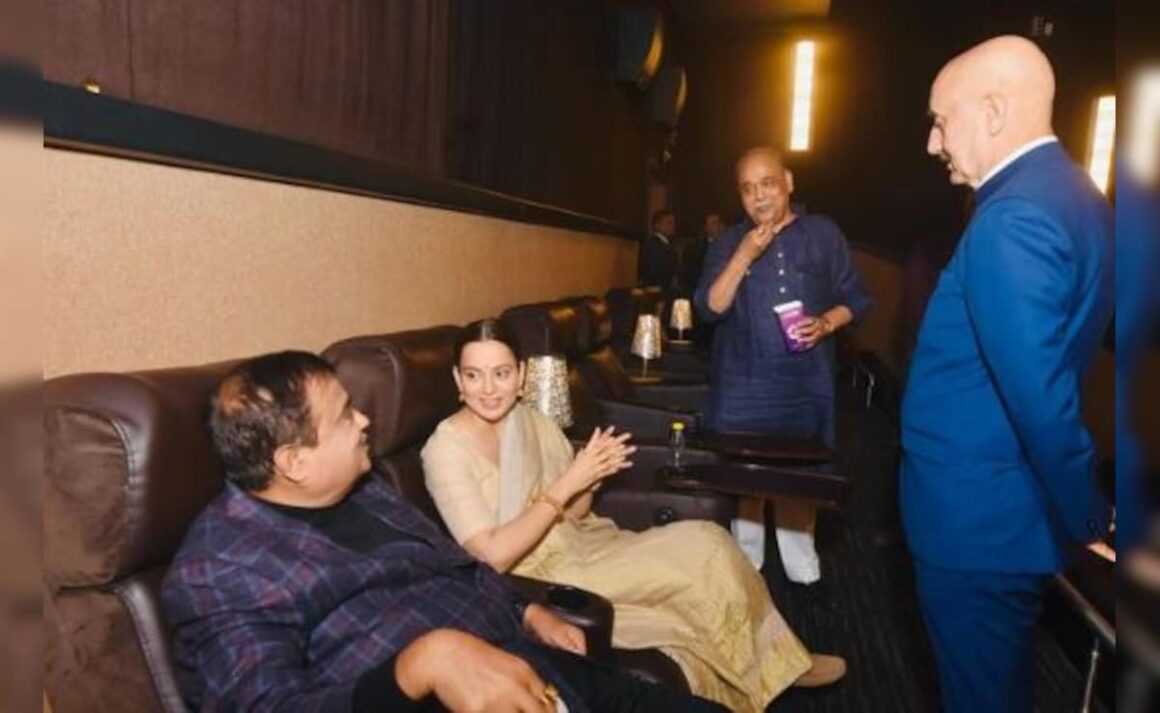 Union Minister Nitin Gadkari Attends Film’s Special Screening With Kangana Ranaut And Anupam Kher. See Pics