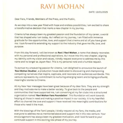 Jayam Ravi changes his name to 'Ravi Mohan' after 20 years and announces his production banner