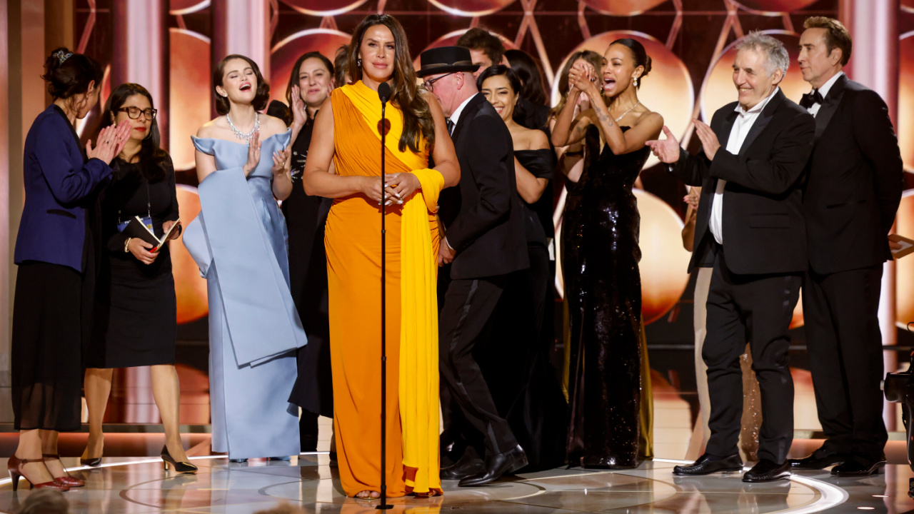 Karla Sofía Gascón accepts the award for Motion Picture - Musical or Comedy at the 82nd Annual Golden Globe Awards, airing live from the Beverly Hilton in Beverly Hills, California on Sunday, January 5, 2025, at 8 PM ET/5 PM PT, on CBS and streaming on Paramount+. Photo: Sonja Flemming/CBS ©2025 CBS Broadcasting, Inc. All Rights Reserved.