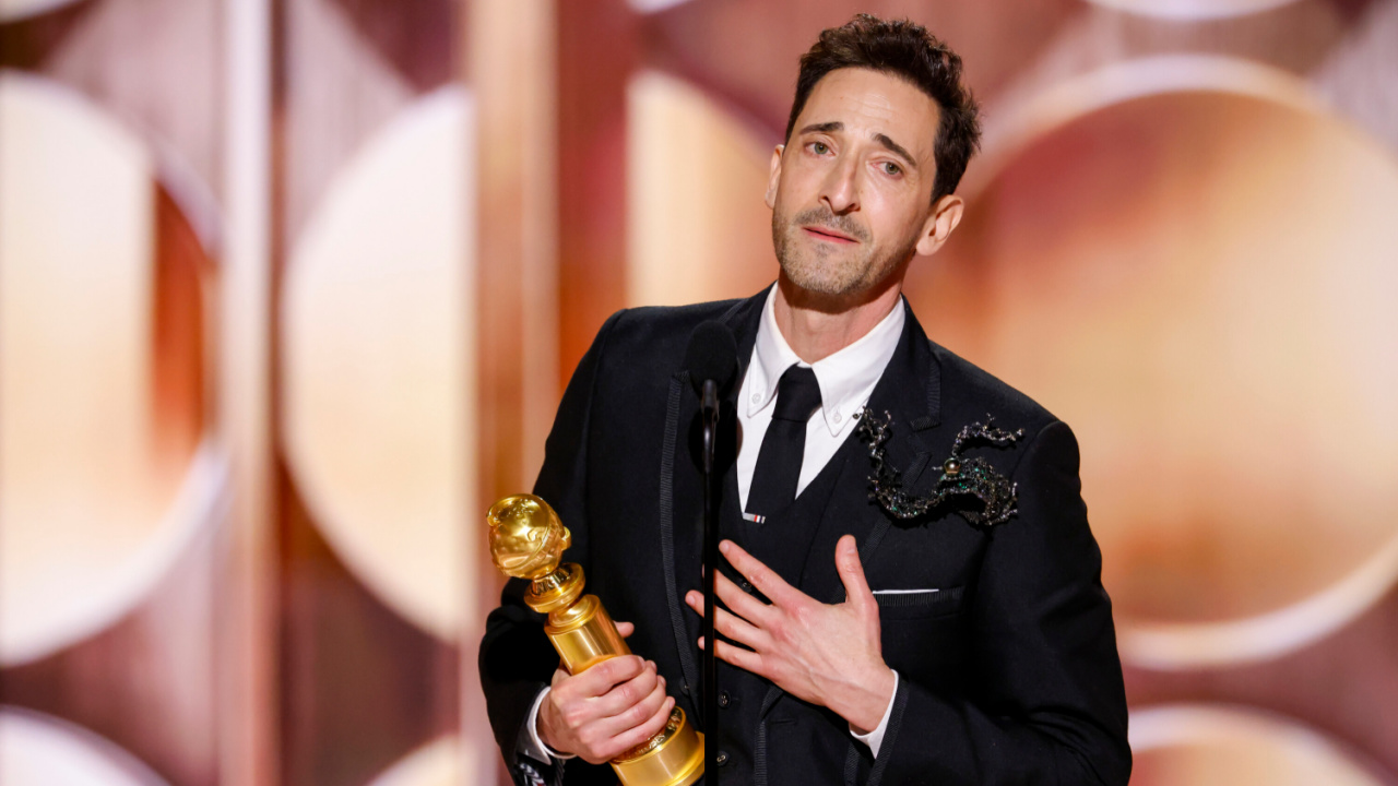 Adrien Brody accepts the award for Male Actor - Motion Picture - Drama at the 82nd Annual Golden Globe Awards, airing live from the Beverly Hilton in Beverly Hills, California on Sunday, January 5, 2025, at 8 PM ET/5 PM PT, on CBS and streaming on Paramount+. Photo: Sonja Flemming/CBS ©2025 CBS Broadcasting, Inc. All Rights Reserved.