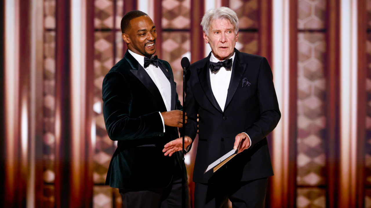 (L to R) Anthony Mackie and Harrison Ford at the 82nd Annual Golden Globe Awards, airing live from the Beverly Hilton in Beverly Hills, California on Sunday, January 5, 2025, at 8 PM ET/5 PM PT, on CBS and streaming on Paramount+. Photo: Sonja Flemming/CBS ©2025 CBS Broadcasting, Inc. All Rights Reserved.