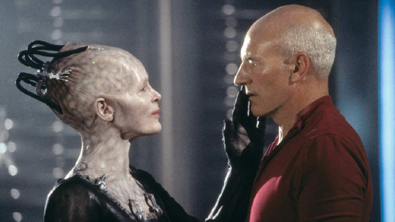 (L to R) Alice Krige as the Borg Queen and Patrick Stewart as Jean-Luc Picard in 'Star Trek: First Contact.' Photo courtesy of Paramount Pictures.